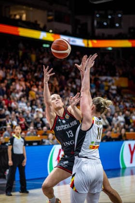 Basketball Berlin, September 10, 2026 FIBA Women’s Basketball World Cup Germany 2026 Quarterfinals: Belgium (BEL) vs. Germany (GER) Leonie Fiebich, Germany, No. 13; Emma Meesseman, Belgium, No. 11