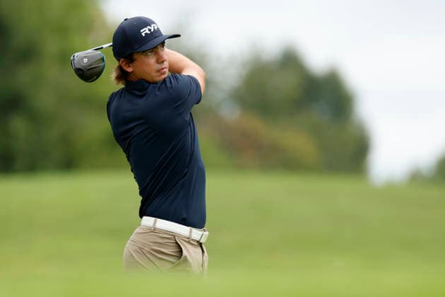 FRANKLIN, TN - SEPTEMBER 10: Caleb Vanarragon holds his follow through as he watches his tee shot on No. 18 during the opening round of the Simmons Bank Open for the Snedeker Foundation, September 10, 2026, at Vanderbilt Legends Club in Franklin, Tennessee. (Photo by Matthew Maxey Icon Sportswire) GOLF: SEP 10 Korn Ferry Tour Simmons Bank Open EDITORIAL USE ONLY Icon260910024