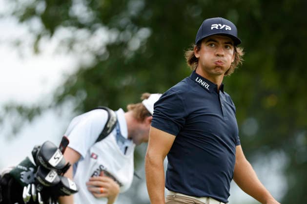 FRANKLIN, TN - SEPTEMBER 10: Caleb Vanarragon looks at a leaderboard as he walks off the No. 18 tee box during the opening round of the Simmons Bank Open for the Snedeker Foundation, September 10, 2026, at Vanderbilt Legends Club in Franklin, Tennessee. (Photo by Matthew Maxey Icon Sportswire) GOLF: SEP 10 Korn Ferry Tour Simmons Bank Open EDITORIAL USE ONLY Icon260910026