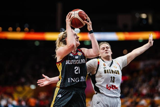 FIBA Women’s Basketball World Cup 2026: Belgium vs. Germany, September 10, 2026; Marie Gülich (Germany), 21, vs. Kyara Linskens (Belgium), 13; Basketball; FIBA Women’s Basketball World Cup 2026; Final Phase, Quarterfinals: Belgium vs. Germany on September 10, 2026, at the Uber Arena, Berlin Copyright: xBEAUTIFULxSPORTS Tonhäuserx