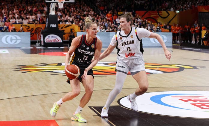 Leonie Fiebich with the ball, Kyara Linskens in a one-on-one matchup; game action; sports; basketball; FIBA World Cup; Women s World Championship; 2026–2027 season; October 9, 2026; Belgium (BEL) vs. DBB Germany (GER)