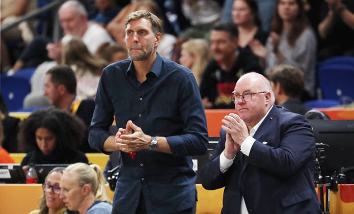 Dirk Nowitzki and DBB President Ingo Weiss applaud at halftime Sports Basketball FIBA World Cup Women s World Championship 2026-2027 Season October 9, 2026 Belgium (BEL) vs. DBB Germany (GER)