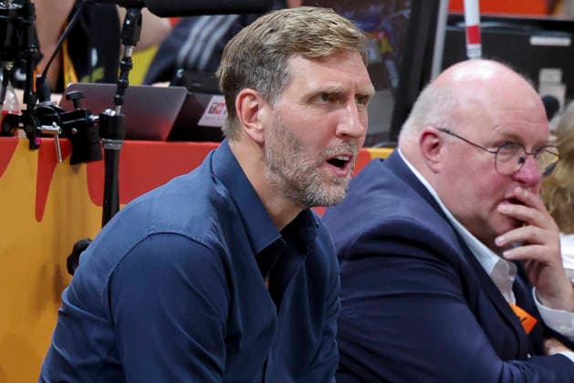 Dirk Nowitzki looks dejected during the FIBA Women s Basketball World Cup Germany 2026 quarterfinal match between Belgium and Germany at the Berlin Arena on September 10, 2026, in Berlin, Germany. Photo by Marco Steinbrenner, DeFodi Images