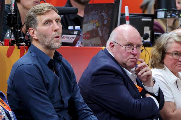 Dirk Nowitzki and Ingo Weiss, president of the German Basketball Federation, look dejected during the FIBA Women s Basketball World Cup Germany 2026 quarterfinal match between Belgium and Germany at the Berlin Arena on September 10, 2026, in Berlin, Germany. Photo by Marco Steinbrenner, DeFodi Images