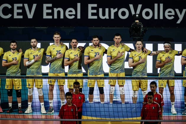 IPA88363046 - Team Ukraine during the national anthem before the CEV Enel Eurovolley 2026 pool phase match between Israel and Ukraine - Arena 8888 in Sofia, Bulgaria, on September 10, 2026  Copyright: xIvanxSxIvanov IPAxSportx xx IPA88363046