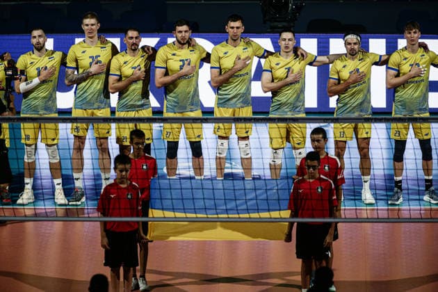 IPA88363047 - Team Ukraine during the national anthem before the CEV Enel Eurovolley 2026 pool phase match between Israel and Ukraine — Arena 8888 in Sofia, Bulgaria, on September 10, 2026  Copyright: xIvanxSxIvanov IPAxSportx xx IPA88363047