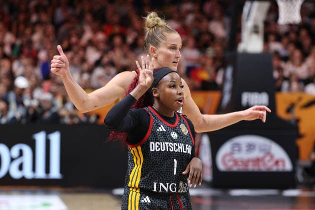 Leonie Fiebich and Alexis Peterson gesturing during a basketball game—FIBA World Cup, Women s World Championship, 2026–2027 season, October 9, 2026, Belgium (BEL) vs. DBB Germany (GER)