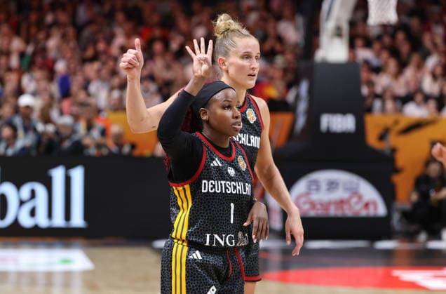 Leonie Fiebich and Alexis Peterson gesturing during a basketball game—FIBA World Cup, Women s World Championship, 2026–2027 season, October 9, 2026, Belgium (BEL) vs. DBB Germany (GER)