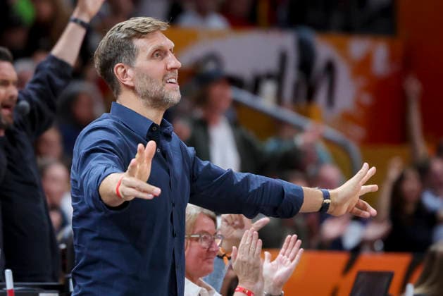 Dirk Nowitzki cheers during the FIBA Women s Basketball World Cup Germany 2026 quarterfinal match between Belgium and Germany at the Berlin Arena on September 10, 2026, in Berlin, Germany. Photo by Marco Steinbrenner, DeFodi Images