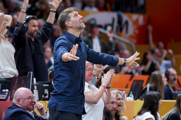 Dirk Nowitzki cheers during the FIBA Women s Basketball World Cup Germany 2026 quarterfinal match between Belgium and Germany at the Berlin Arena on September 10, 2026, in Berlin, Germany. Photo by Marco Steinbrenner, DeFodi Images