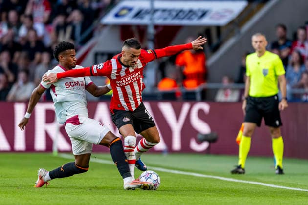 EINDHOVEN l PSV Eindhoven defender Filip Kostic and Shakhtar Donetsk midfielder Alisson Santana during the UEFA Champions League match between PSV and Shakhtar Donetsk at Philips Stadion on September 10, 2026, in Eindhoven, the Netherlands. Photo by DeFodi Images