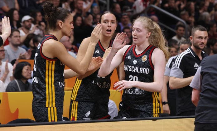 Frieda Bühner high-fives Luisa Geiselsöder; Upper Body Workout; Basketball; FIBA World Cup; Women s World Championship; 2026–2027 Season; October 9, 2026; Belgium (BEL) vs. DBB Germany (GER)