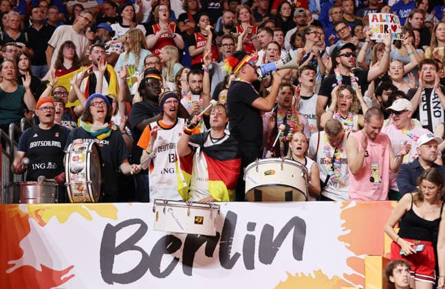 Fans of the German women s team celebrate their team Sports Basketball FIBA World Cup Women s World Championship 2026-2027 season October 9, 2026 Belgium (BEL) vs. DBB Germany (GER)
