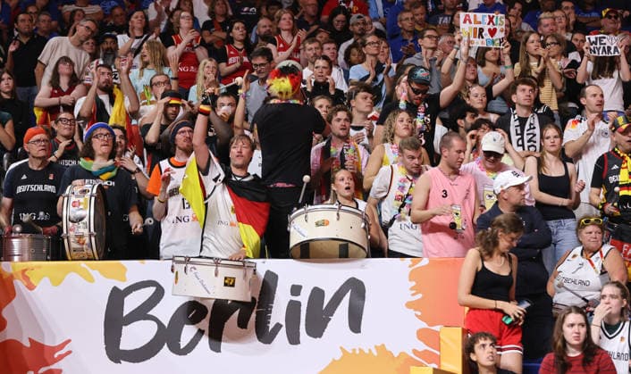 Fans of the German women s team celebrate their team Sports Basketball FIBA World Cup Women s World Championship 2026-2027 season October 9, 2026 Belgium (BEL) vs. DBB Germany (GER)