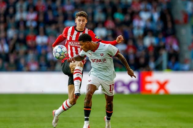 EINDHOVEN , 10-09-2026 , Philips stadium, season 2026 2027 , UEFA Champions League football , match between PSV and Shakhtar Donetsk, picture shows PSV player Ruben van Bommel and Shakhtar Donetsk player Tobias PSV - Shakhtar Donetsk  x206824918x Copyright: