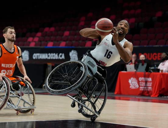 September 10, 2026, Ottawa, On, Canada: United States Trevon Jenifer (16) attempts a shot after colliding with Netherlands Anil Cegil (3) during second half IWBF Wheelchair Basketball World Championships group stage action in Ottawa, Thursday, Sept. 10, 2026. Canada News - September 10, 2026  - ZUMAc35_ 20260910_zaf_c35_024 Copyright: xAdrianxWyldx