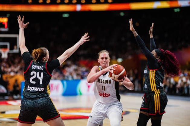 FIBA Women’s Basketball World Cup 2026: Belgium vs. Germany, September 10, 2026; Lina Sontag (Germany), 24; Emma Meesseman (Belgium), 11; Alexis Peterson (Germany), 1; Basketball; FIBA Women’s Basketball World Cup 2026; Final Phase, Quarterfinals: Belgium vs. Germany on September 10, 2026, at the Uber Arena, Berlin Copyright: xBEAUTIFULxSPORTS Tonhäuserx