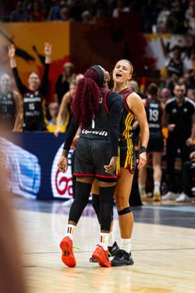 Alexis Peterson (Germany), 01, and Alexandra Wilke (Germany), 03, celebrate, GER, Belgium vs. Germany, Basketball, 2026 FIBA Women s World Cup, Quarterfinals, September 10, 2026, GER, Belgium vs. Germany, Basketball, 2026 FIBA Women’s World Cup, Quarterfinals, September 10, 2026, Berlin Copyright: xEibner-Pressefoto MaxxVincenx EP_MVN