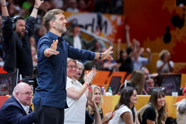 Dirk Nowitzki cheers during the FIBA Women s Basketball World Cup Germany 2026 quarterfinal match between Belgium and Germany at the Berlin Arena on September 10, 2026, in Berlin, Germany. Photo by Marco Steinbrenner, DeFodi Images