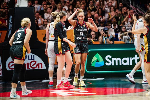 FIBA Women’s Basketball World Cup 2026: Belgium vs. Germany, September 10, 2026—Leonie Fiebich (Germany), No. 13, celebrates; CELEBRATION; Basketball; FIBA Women’s Basketball World Cup 2026; Final Phase, Quarterfinals: Belgium vs. Germany on September 10, 2026, at the Uber Arena, Berlin Copyright: xBEAUTIFULxSPORTS Tonhäuserx
