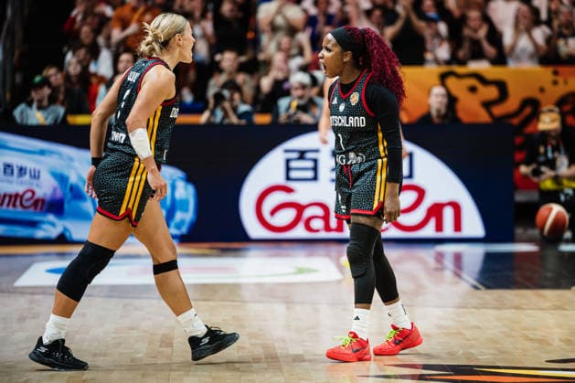 FIBA Women’s Basketball World Cup 2026: Belgium vs. Germany, September 10, 2026. CHEERS! Alexis Peterson (Germany, No. 1) and Alexandra Wilke (Germany, No. 3) celebrate as Wilke hits a three-pointer. FIBA Women’s Basketball World Cup 2026, Final Round, Quarterfinals: Belgium vs. Germany on September 10, 2026, at the Uber Arena, Berlin Copyright: xBEAUTIFULxSPORTS Tonhäuserx