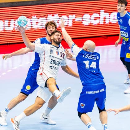 September 10, 2026, GER, Handball, Men, 2026–2027 Season, Opel 1st Division, Matchday 4, ThSV Eisenach vs. SG BBM Bietigheim: Marcus Norrbrink (SG BBM Bietigheim), Stephan Seitz (ThSV Eisenach, 44), Peter Walz (ThSV Eisenach, 14); 99817 Eisenach, Werner Assmann Hall, Am Sportpark, Thuringia, Germany