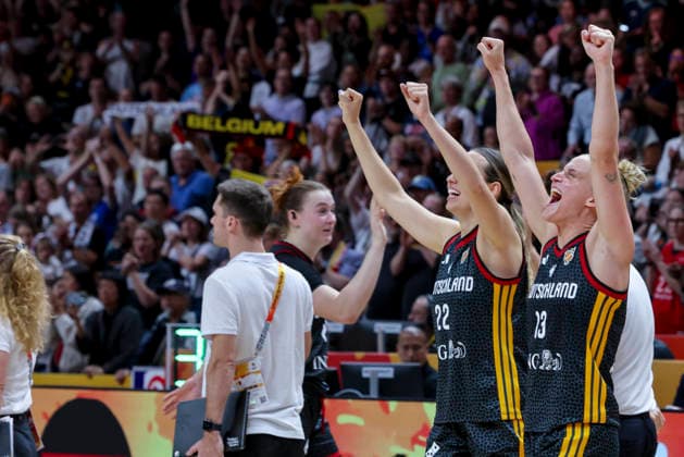 Emily Bessoir (Germany) and Leonie Fiebich (Germany) cheer during the FIBA Women s Basketball World Cup Germany 2026 quarterfinal match between Belgium and Germany at the Berlin Arena on September 10, 2026, in Berlin, Germany. Photo by Marco Steinbrenner, DeFodi Images