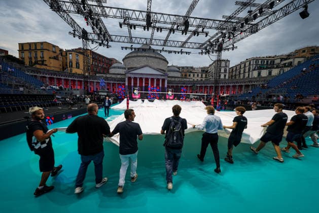 Installation of protective tarpaulins against rain risk during the opening match of the CEV Enel Eurovolley 2026, between Italy and Sweden, Piazza del Plebiscito, Naples, September 10, 2026.  Copyright: xAlessandroxGarofalo LaPressex