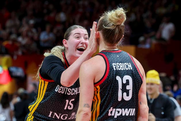 Luisa Geiselsoder of Germany and Leonie Fiebich of Germany cheer during the FIBA Women s Basketball World Cup Germany 2026 quarterfinal match between Belgium and Germany at the Berlin Arena on September 10, 2026, in Berlin, Germany. Photo by Marco Steinbrenner, DeFodi Images