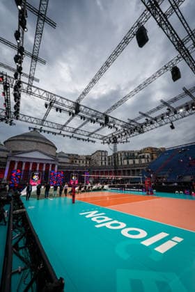 Installation of protective tarpaulins against rain risk during the opening match of the CEV Enel Eurovolley 2026, between Italy and Sweden, Piazza del Plebiscito, Naples, September 10, 2026.  Copyright: xAlessandroxGarofalo LaPressex