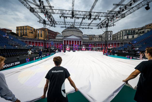 Installation of protective tarpaulins against rain risk during the opening match of the CEV Enel Eurovolley 2026, between Italy and Sweden, Piazza del Plebiscito, Naples, September 10, 2026.  Copyright: xAlessandroxGarofalo LaPressex