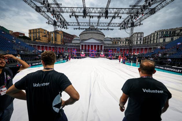 Installation of protective tarpaulins against rain risk during the opening match of the CEV Enel Eurovolley 2026, between Italy and Sweden, Piazza del Plebiscito, Naples, September 10, 2026.  Copyright: xAlessandroxGarofalo LaPressex
