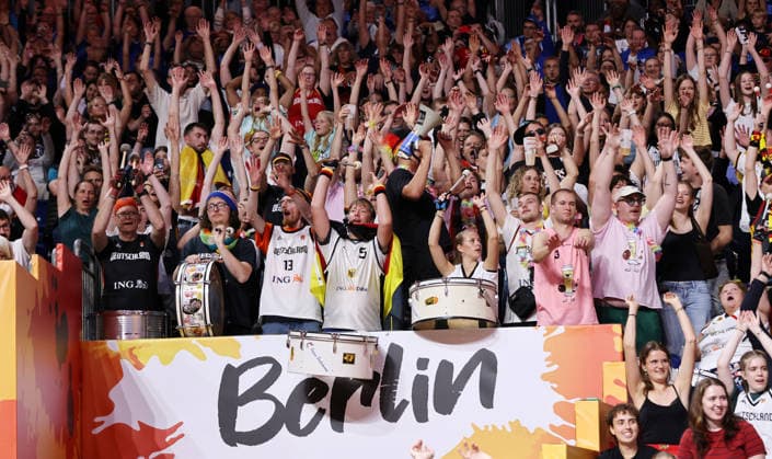 German fans celebrate their team Sports Basketball FIBA World Cup Women s World Championship 2026-2027 Season October 9, 2026 Belgium (BEL) vs. DBB Germany (GER)