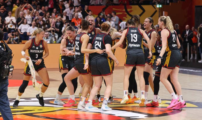 German team celebrates after the game and advances to the semifinals. Sports: Basketball, FIBA World Cup, Women s World Championship, 2026–2027 season, October 9, 2026, Belgium (BEL) vs. DBB Germany (GER)