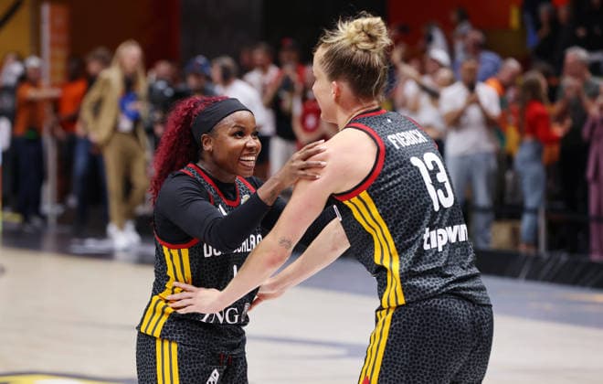 Alexis Peterson, Leonie Fiebich, the German team celebrates after the game and advances to the semifinals. Sports, Basketball, FIBA World Cup, Women s World Championship, 2026–2027 Season, October 9, 2026, Belgium (BEL) vs. DBB Germany (GER)