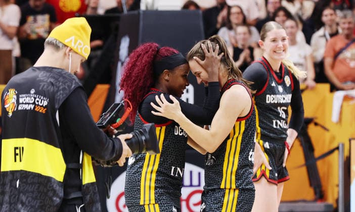 Alexis Peterson, Britta Daub, and the German team celebrate after the game and advance to the semifinals. Sports: Basketball, FIBA World Cup, Women s World Championship, 2026–2027 Season, October 9, 2026, Belgium (BEL) vs. DBB Germany (GER)