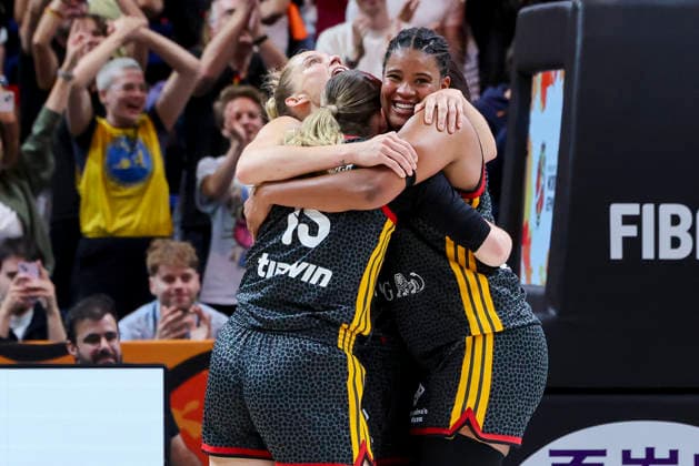 Alexandra Wilke (Germany), Luisa Geiselsoder (Germany), and Nyara Sabally (Germany) cheer during the FIBA Women s Basketball World Cup Germany 2026 quarterfinal match between Belgium and Germany at the Berlin Arena on September 10, 2026, in Berlin, Germany. Photo by Marco Steinbrenner, DeFodi Images