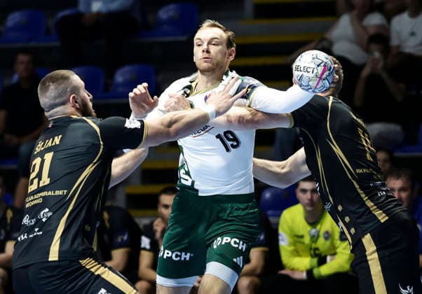 Partizan v Fuchse Berlin - EHF Champions League Mathias Gidsel (R) of Fuchse Berlin in action against Simo Sijan (L) of Partizan during the EHF Champions League Season 2026 2027 Group Phase match between RK Partizan v Fuchse Berlin at Aleksandar Nikolic Hall on September 10, 2026 in Belgrade, Serbia. Belgrade Serbia Copyright: xSrdjanxStevanovicx x