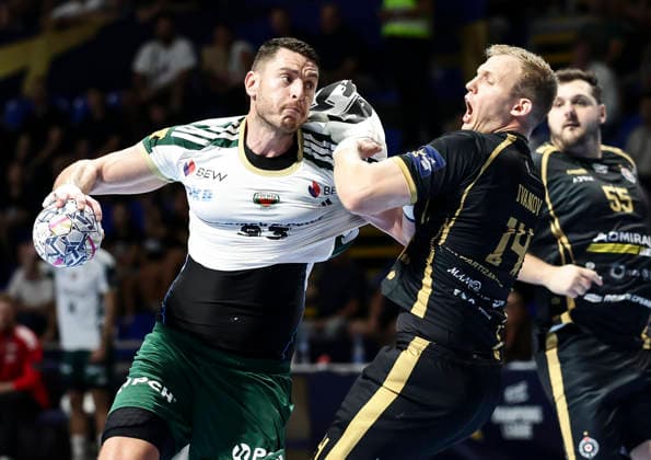 Partizan v Fuchse Berlin - EHF Champions League Mijajlo Marsenic (L) of Fuchse Berlin in action against Sergei Ivanov (R) of Partizan during the EHF Champions League Season 2026 2027 Group Phase match between RK Partizan v Fuchse Berlin at Aleksandar Nikolic Hall on September 10, 2026 in Belgrade, Serbia. Belgrade Serbia Copyright: xSrdjanxStevanovicx x