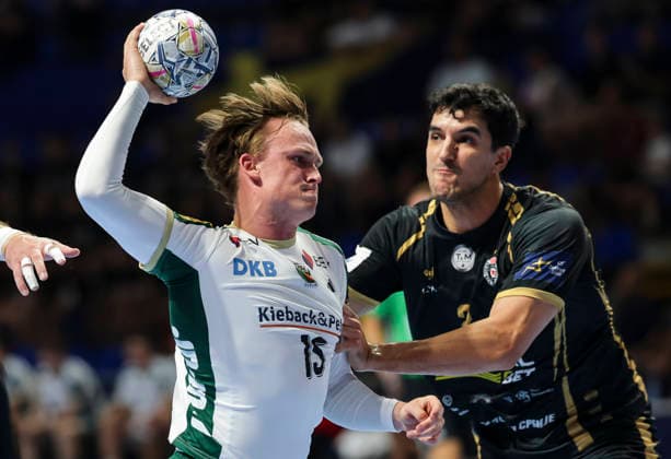 Partizan v Fuchse Berlin - EHF Champions League Tobias Schjolberg Grondahl (L) of Fuchse Berlin in action against Migallon Naranjo Sanchez (R) of Partizan during the EHF Champions League Season 2026 2027 Group Phase match between RK Partizan v Fuchse Berlin at Aleksandar Nikolic Hall on September 10, 2026 in Belgrade, Serbia. Belgrade Serbia Copyright: xSrdjanxStevanovicx x