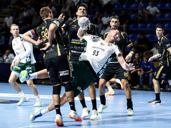 Partizan v Fuchse Berlin - EHF Champions League Mijajlo Marsenic (R) of Fuchse Berlin in action against Ivan Micic (L) of Partizan during the EHF Champions League Season 2026 2027 Group Phase match between RK Partizan v Fuchse Berlin at Aleksandar Nikolic Hall on September 10, 2026 in Belgrade, Serbia. Belgrade Serbia Copyright: xSrdjanxStevanovicx x