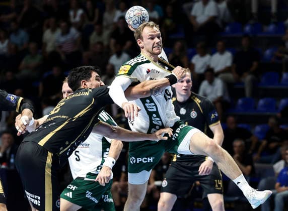 Partizan v Fuchse Berlin - EHF Champions League Mathias Gidsel (R) of Fuchse Berlin in action against Migallon Naranjo Sanchez (L) of Partizan during the EHF Champions League Season 2026 2027 Group Phase match between RK Partizan v Fuchse Berlin at Aleksandar Nikolic Hall on September 10, 2026 in Belgrade, Serbia. Belgrade Serbia Copyright: xSrdjanxStevanovicx x