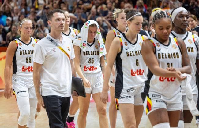 Belgian Cats players look dejected after losing a basketball game between Germany and Belgium national team, Nationalteam Belgian Cats, a quarter final game at the FIBA Women s Basketball World Cup, on Thursday 10 September 2026, in Berlin, Germany. The FIBA Women s Basketball World Cup takes place in Berlin from 4 to 13 September 2026. VIRGINIExLEFOUR  x185879182x