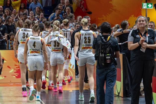 Belgian Cats players look dejected after losing a basketball game between Germany and Belgium national team, Nationalteam Belgian Cats, a quarter final game at the FIBA Women s Basketball World Cup, on Thursday 10 September 2026, in Berlin, Germany. The FIBA Women s Basketball World Cup takes place in Berlin from 4 to 13 September 2026. VIRGINIExLEFOUR  x185879214x