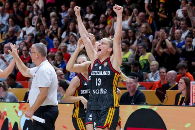 Leonie Fiebich of Germany cheers during the FIBA Women s Basketball World Cup Germany 2026 quarterfinal match between Belgium and Germany at the Berlin Arena on September 10, 2026, in Berlin, Germany. Photo by Marco Steinbrenner, DeFodi Images