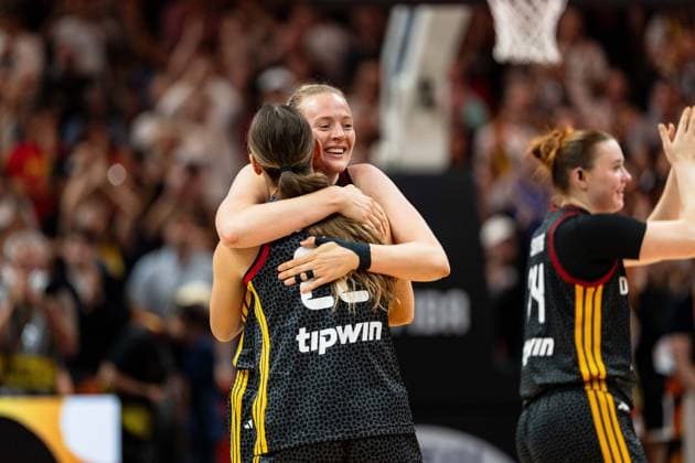 Emily Bessoir (Germany), 22, and Marie Guelich (Germany), 21, celebrate after the game ends, GER, Belgium vs. Germany, Basketball, FIBA Women s World Cup 2026, Quarterfinals, September 10, 2026, GER, Belgium vs. Germany, Basketball, 2026 FIBA Women’s World Cup, Quarterfinals, September 10, 2026, Berlin Copyright: xEibner-Pressefoto MaxxVincenx EP_MVN