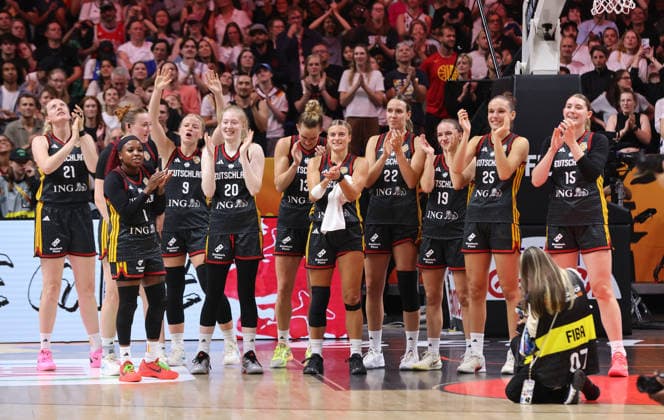 German team celebrates after the game and advances to the semifinals. Sports: Basketball, FIBA World Cup, Women s World Championship, 2026–2027 season, October 9, 2026, Belgium (BEL) vs. DBB Germany (GER)