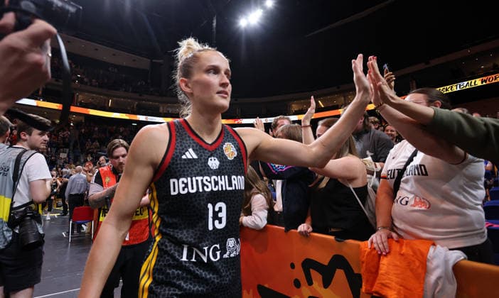 Leonie Fiebich, the German team celebrates after the game and advances to the semifinals. Sports: Basketball, FIBA World Cup, Women s World Championship, 2026–2027 season, October 9, 2026, Belgium (BEL) vs. DBB Germany (GER)
