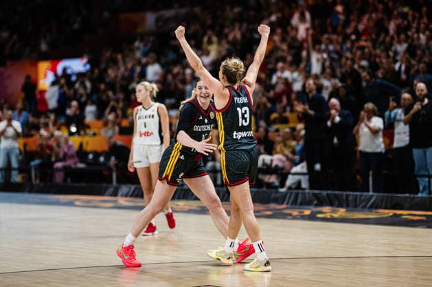 2026 FIBA Women’s Basketball World Cup: Belgium vs. Germany, September 10, 2026; Germany defeats Belgium; cheering; CHEERS; celebration; celebrating; Luisa Geiselsoder (Germany), 15, Leonie Fiebich (Germany), 13, basketball, FIBA Women’s Basketball World Cup 2026, Final Phase, Quarterfinals: Belgium vs. Germany on September 10, 2026, at the Uber Arena, Berlin Copyright: xBEAUTIFULxSPORTS Tonhäuserx