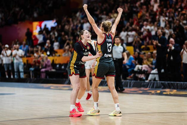 2026 FIBA Women’s Basketball World Cup: Belgium vs. Germany, September 10, 2026; Germany defeats Belgium; cheering; CHEERS; celebration; celebrating; Luisa Geiselsoder (Germany), 15, Leonie Fiebich (Germany), 13, basketball, FIBA Women’s Basketball World Cup 2026, Final Phase, Quarterfinals: Belgium vs. Germany on September 10, 2026, at the Uber Arena, Berlin Copyright: xBEAUTIFULxSPORTS Tonhäuserx